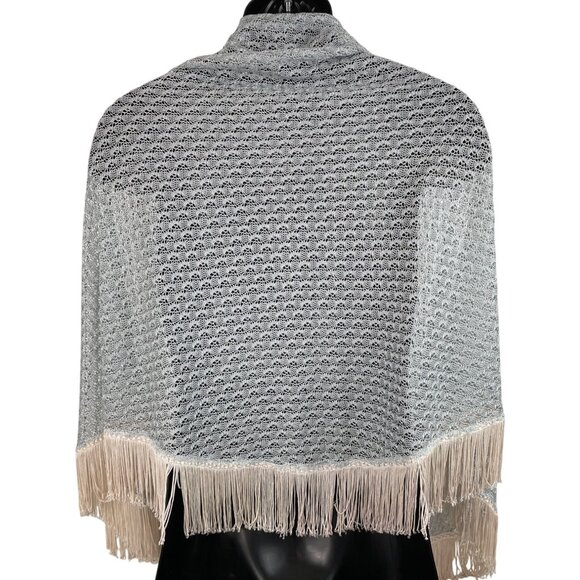 Vintage Light Gray Lace Knit Shawl With White Fringe Trim - Picture 1 of 9